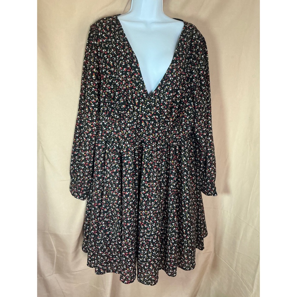 Torrid Floral Mini Dress Womens 20 Black Excellent V-Neck Long Sleeve Boho